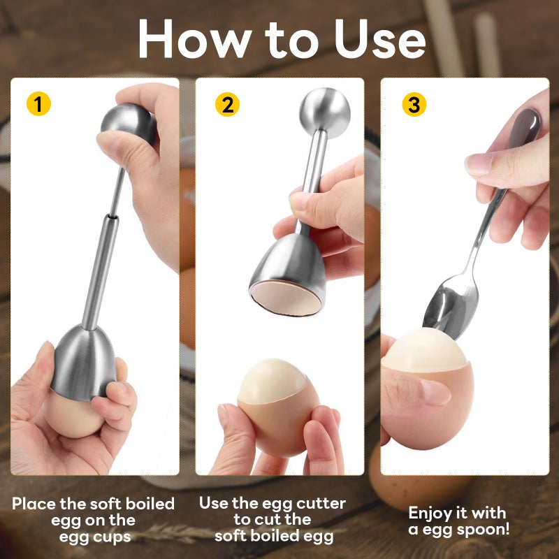vibedor Egg Cups and Egg Cracker Set for Soft Boiled Eggs, 1 Stainless Steel Egg Cutter, 2 Stainless Stain Spoons and 2 Ceramic Egg Stands in Kitchen, Parties for Breakfast, Host - Image 5