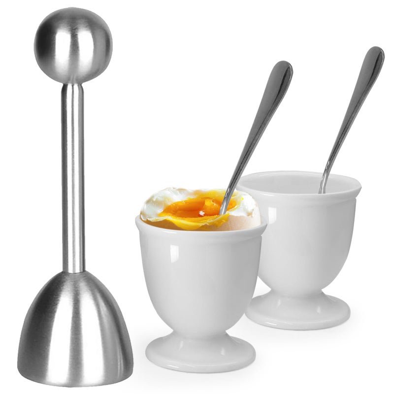 vibedor Egg Cups and Egg Cracker Set for Soft Boiled Eggs, 1 Stainless Steel Egg Cutter, 2 Stainless Stain Spoons and 2 Ceramic Egg Stands in Kitchen, Parties for Breakfast, Host - Image 2