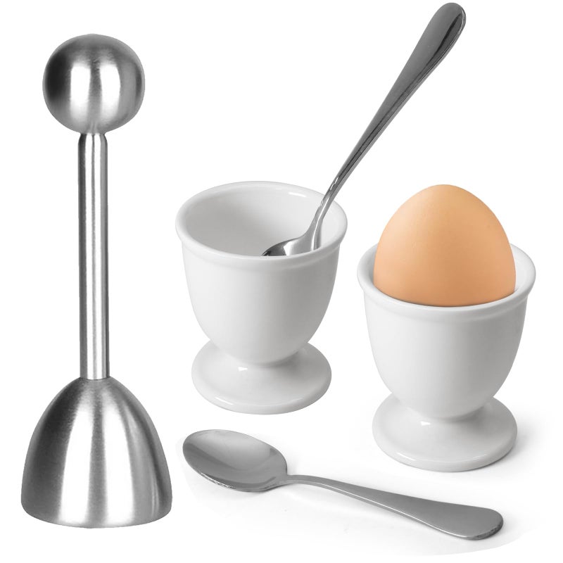 vibedor Egg Cups and Egg Cracker Set for Soft Boiled Eggs, 1 Stainless Steel Egg Cutter, 2 Stainless Stain Spoons and 2 Ceramic Egg Stands in Kitchen, Parties for Breakfast, Host - Image 1