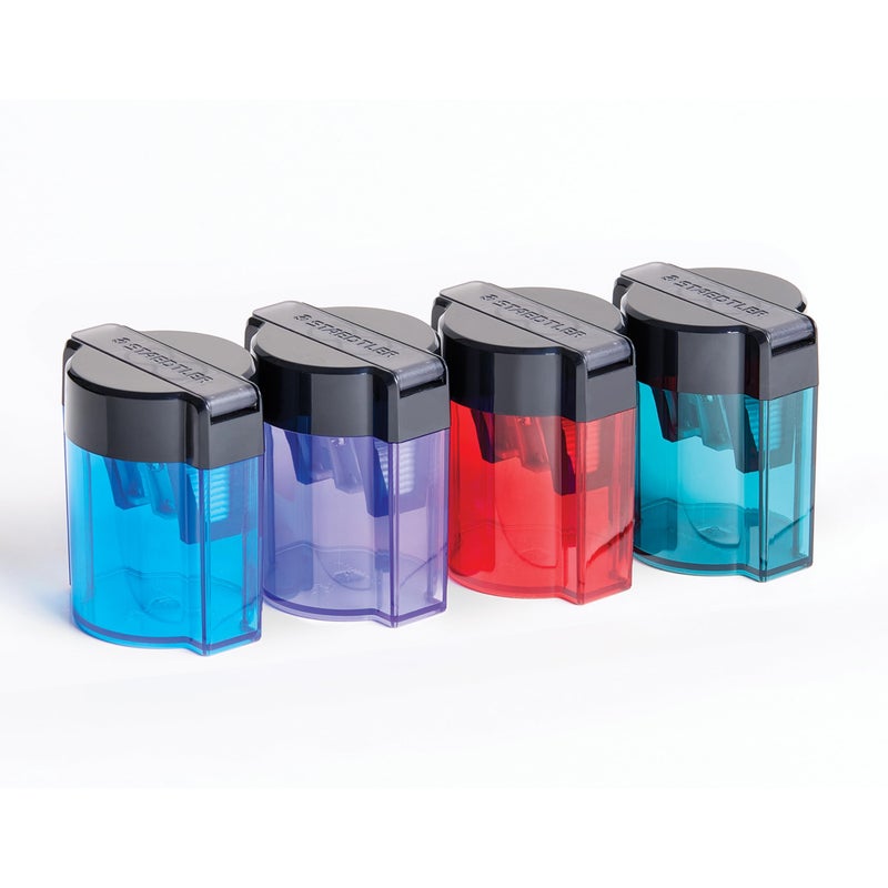 STAEDTLER مبراة أقلام معدنية مزدوجة من STAEDTLER مع أنبوب بيضاوي - مبراة أقلام يدوية للأقلام العادية والكبيرة، أقلام المكياج - 2 حجم مع غطاء مفصلي (ألوان متنوعة) - Image 3