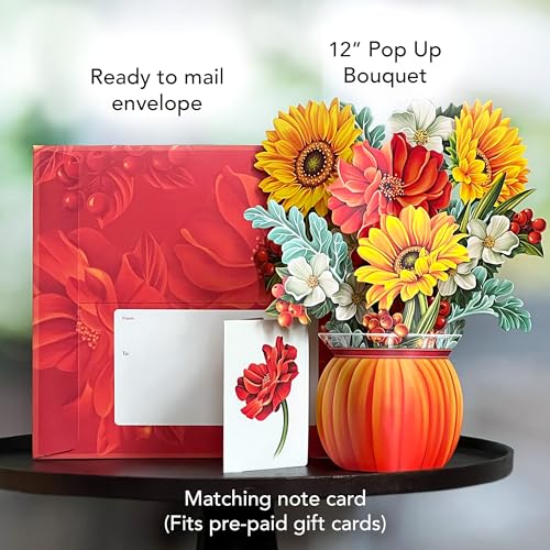 Freshcut Paper Pop Up Cards, Pumpkin Harvest, 12 Inch Life Sized Forever Flower Bouquet 3D Popup Greeting Card, Autumn Cards, Birthday Card, Blank Notecard & Envelope - Image 3
