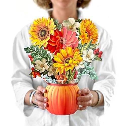 Freshcut Paper Pop Up Cards, Pumpkin Harvest, 12 Inch Life Sized Forever Flower Bouquet 3D Popup Greeting Card, Autumn Cards, Birthday Card, Blank Notecard & Envelope - Image 1
