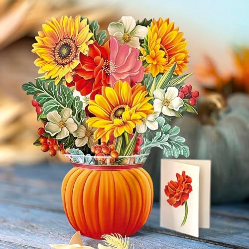 Freshcut Paper Pop Up Cards, Pumpkin Harvest, 12 Inch Life Sized Forever Flower Bouquet 3D Popup Greeting Card, Autumn Cards, Birthday Card, Blank Notecard & Envelope - Image 2