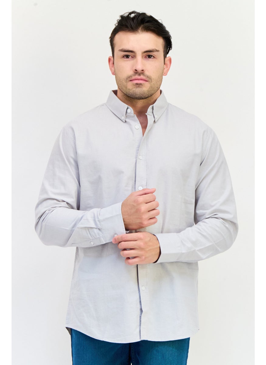 Algspar Men Regular Fit Solid Long Sleeves Casual Shirt, Light Grey  - Image 1
