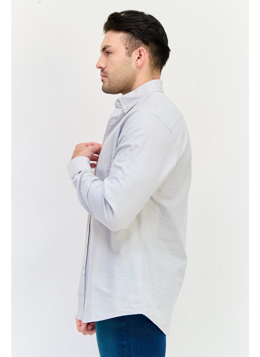 Algspar Men Regular Fit Solid Long Sleeves Casual Shirt, Light Grey  - Image 2
