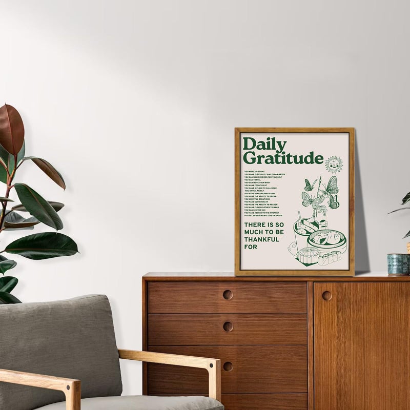 KBKBART Framed Retro Poster for Room Aesthetic, Vintage Green Inspirational Quotes Canvas Wall Art, Daily Gratitude Posters for Room Aesthetic, Cute Sunflower Butterfly Retro Wall Decor for Bedroom, - Image 3