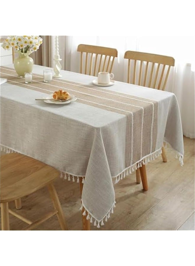TRASSLE Waterproof Tablecloth, Embroidered Linen Rectangle Table Cloth, Cotton Wrinkle Resistant Fabric, Boho Coffee Tasseled for Party, Camping, Picnic, Kitchen and Dining Room Table Decor  - Image 1