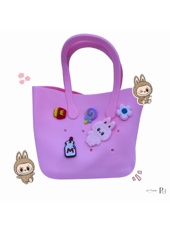 Pink Silicone Tote Bag with Labubu Character & Cute Charms