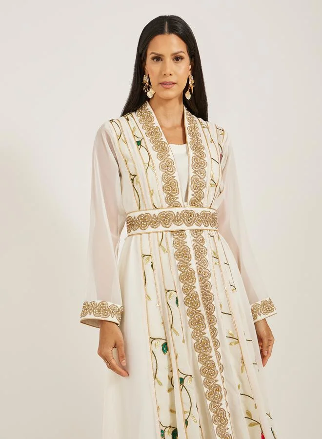 Maxim Creation Printed Embroidered Kaftan with Belt Detail