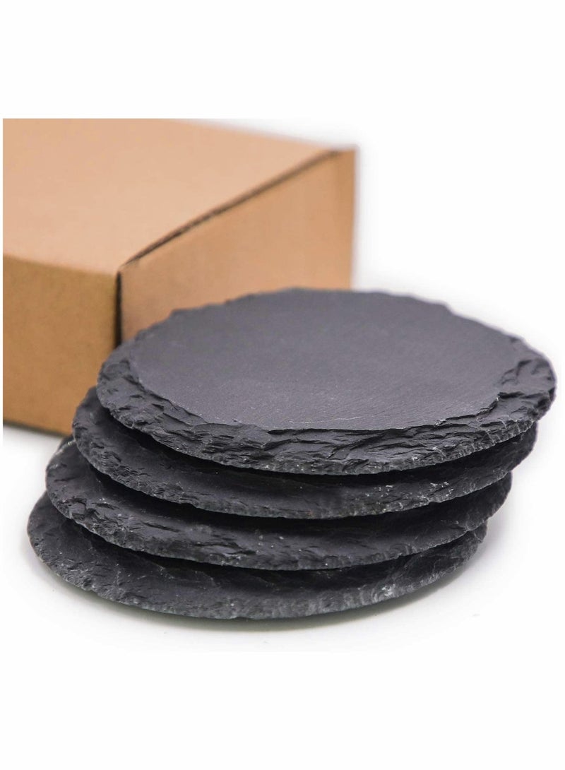 Captaintech 4 Pieces Slate Coasters 4 Inch Round Slate Coasters Rustic Black Stone Coasters with Anti-Scratch Backing for Home Decoration, Bar Drinks, Kitchen, Any Style Table - Image 1