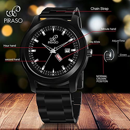 PIRASO Stainless Steel Classy Look Black Day And Date Display Chain Analog Watch For Men/Boys - Image 2
