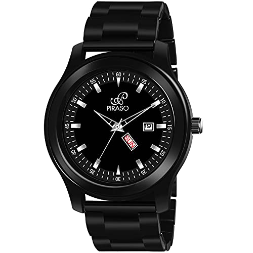 PIRASO Stainless Steel Classy Look Black Day And Date Display Chain Analog Watch For Men/Boys - Image 1