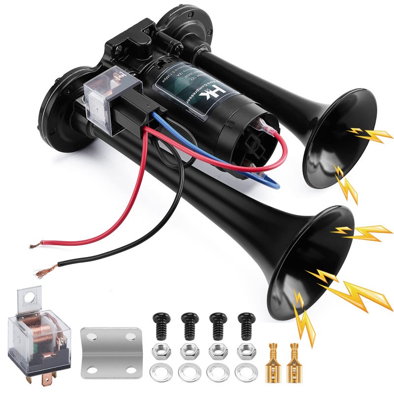 HK 12V 150db Air Horn for Truck Super Loud Dual Trumpet Air Horn Kit with Compressor for Any 12V Vehicles Trucks Lorrys Trains Boats Cars Vans Kit Black