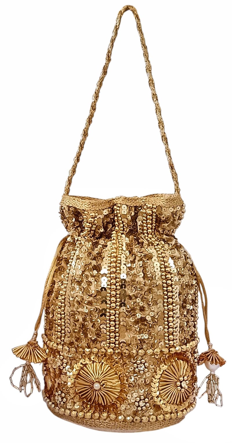 DUCHESS Sequin Potli Bag for Women | Bridal Wedding Potli Purse | Designer Handcrafted Ethnic Batua | Stylish Festive Potli Bag with Bead & Embroidery Work for Parties & Return Gifts (Golden) - Image 5