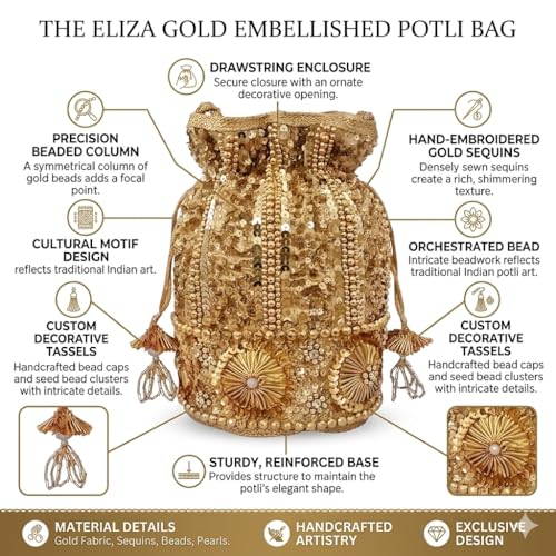 DUCHESS Sequin Potli Bag for Women | Bridal Wedding Potli Purse | Designer Handcrafted Ethnic Batua | Stylish Festive Potli Bag with Bead & Embroidery Work for Parties & Return Gifts (Golden) - Image 4