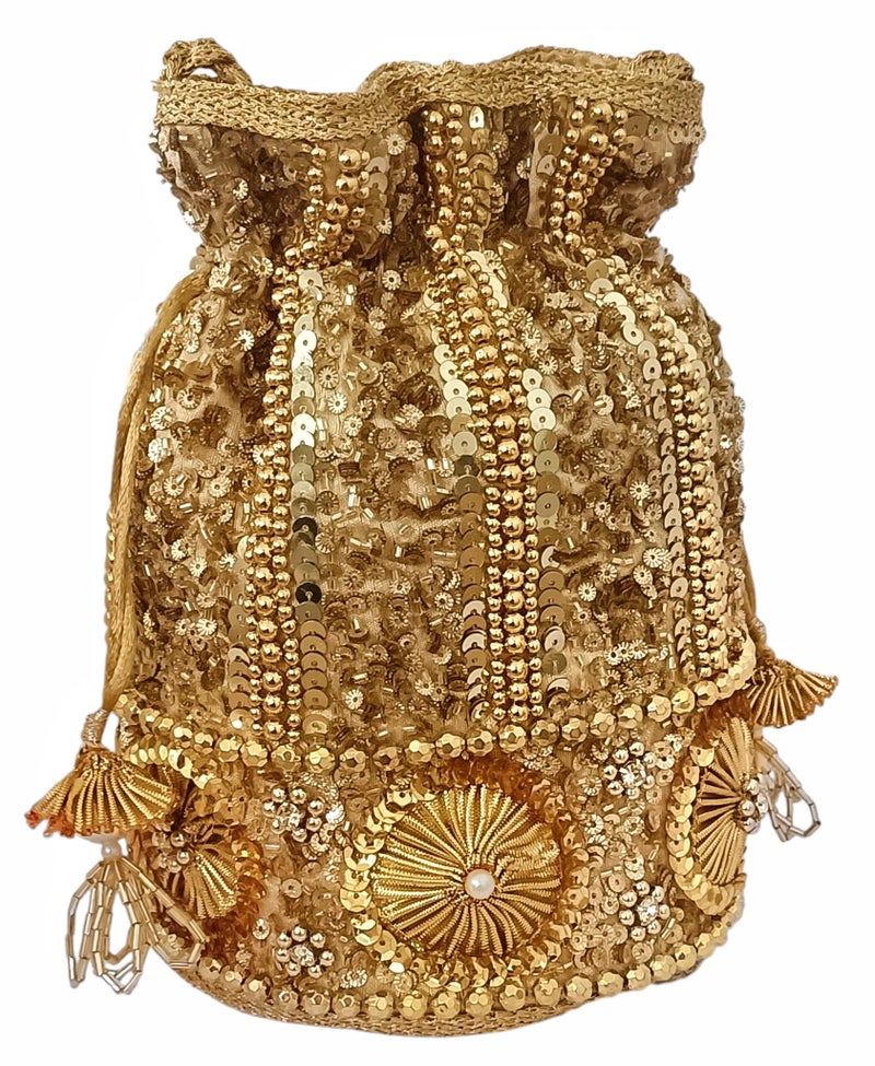 DUCHESS Sequin Potli Bag for Women | Bridal Wedding Potli Purse | Designer Handcrafted Ethnic Batua | Stylish Festive Potli Bag with Bead & Embroidery Work for Parties & Return Gifts (Golden) - Image 3