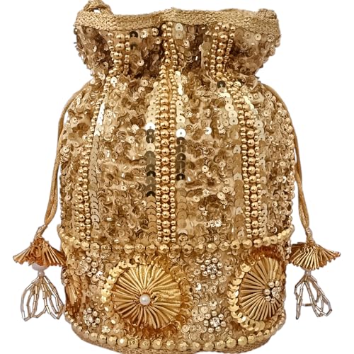 DUCHESS Sequin Potli Bag for Women | Bridal Wedding Potli Purse | Designer Handcrafted Ethnic Batua | Stylish Festive Potli Bag with Bead & Embroidery Work for Parties & Return Gifts (Golden) - Image 1