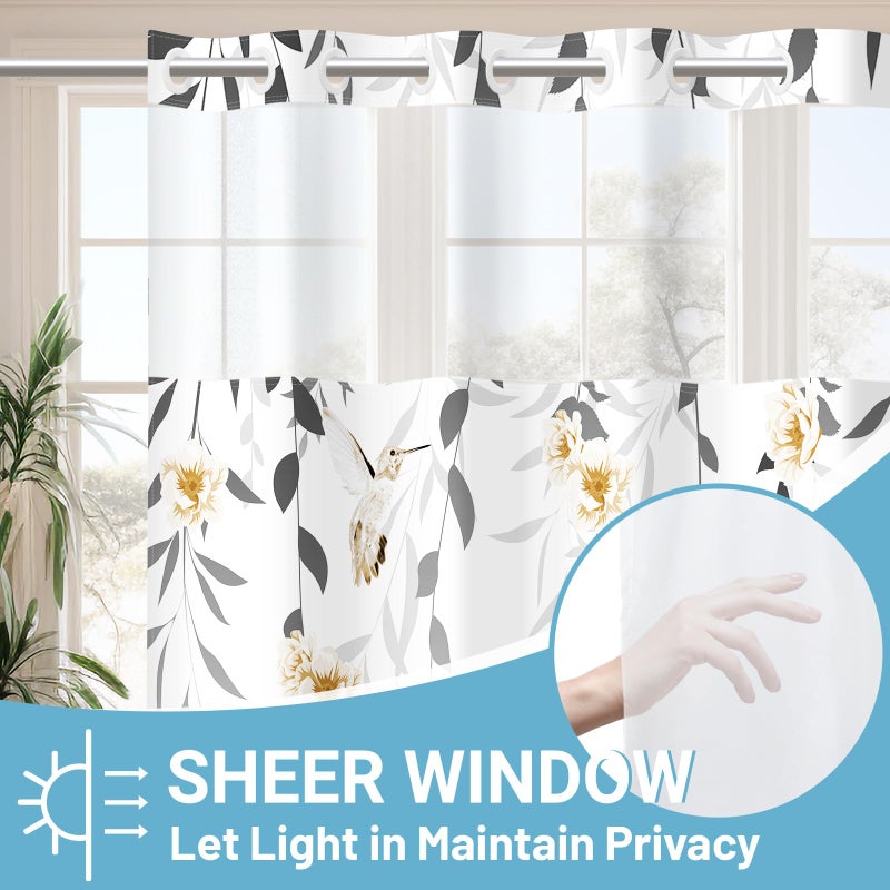 WITHLOC No Hook Shower Curtain with Snap in Liner - Fabric Waterproof Inner Liner, Plants Yellow Floral Grey Nature Birds Cloth Shower Curtains Washable, 71 x 74 Inch - Image 2