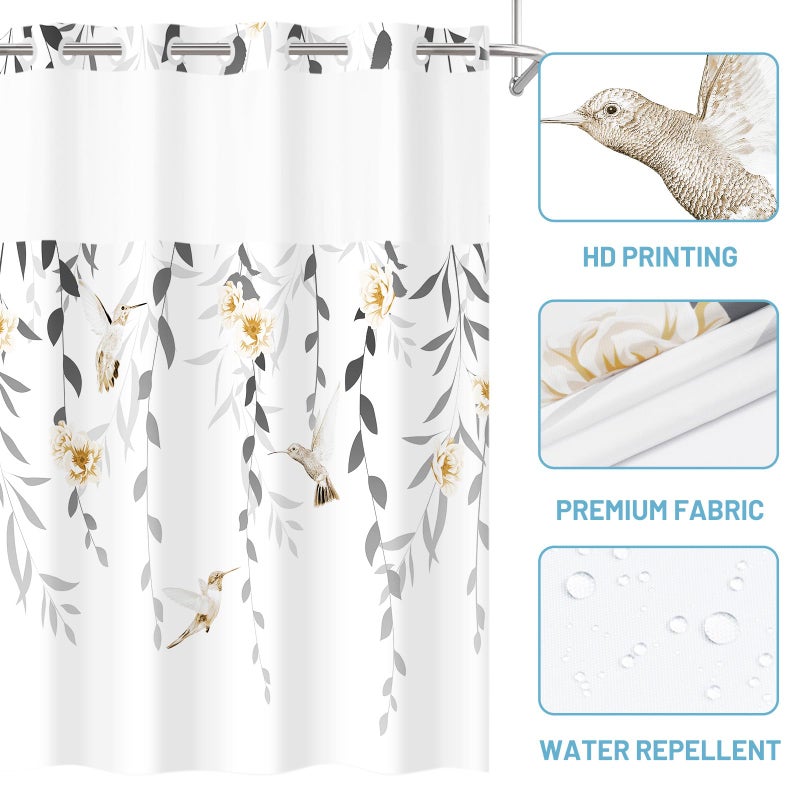 WITHLOC No Hook Shower Curtain with Snap in Liner - Fabric Waterproof Inner Liner, Plants Yellow Floral Grey Nature Birds Cloth Shower Curtains Washable, 71 x 74 Inch - Image 4