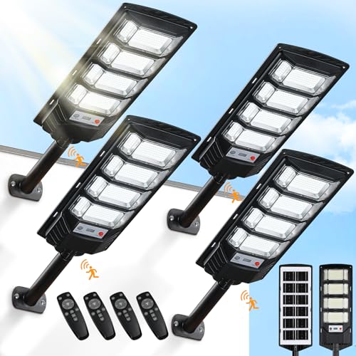 Yusist 4 Pack Solar Street Lights Outdoor Waterproof 10000LM 6500K, Solar Light Outdoor Dusk to Dawn with Wide Angle Motion Sensor and Remote, Parking Lot Lights for Area Lighting Yard - Image 1