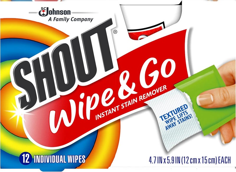 Shout Wipes Stain Remover for Clothes Laundry, Instant Stain Remover and Individually Wrapped, Travel Essentials, Works on Everyday Stains, 12 Wipes per Carton (6 Cartons) - Image 1