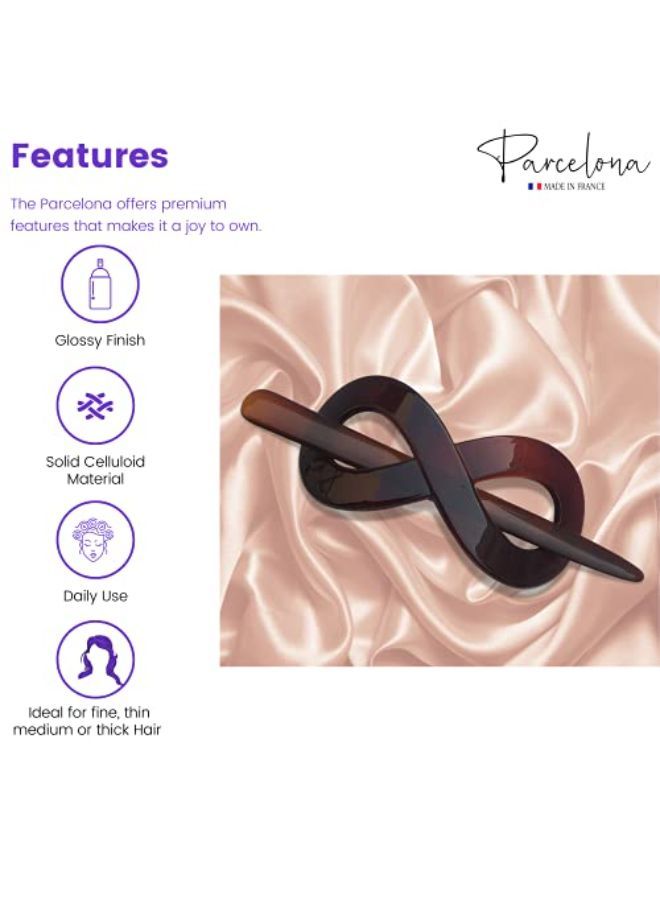 Parcelona French Infinity Brown Tortoise Shell Hair Slider Pin Thru Barrette Clip With Stick For Fine Hair Women And Girls - Image 1