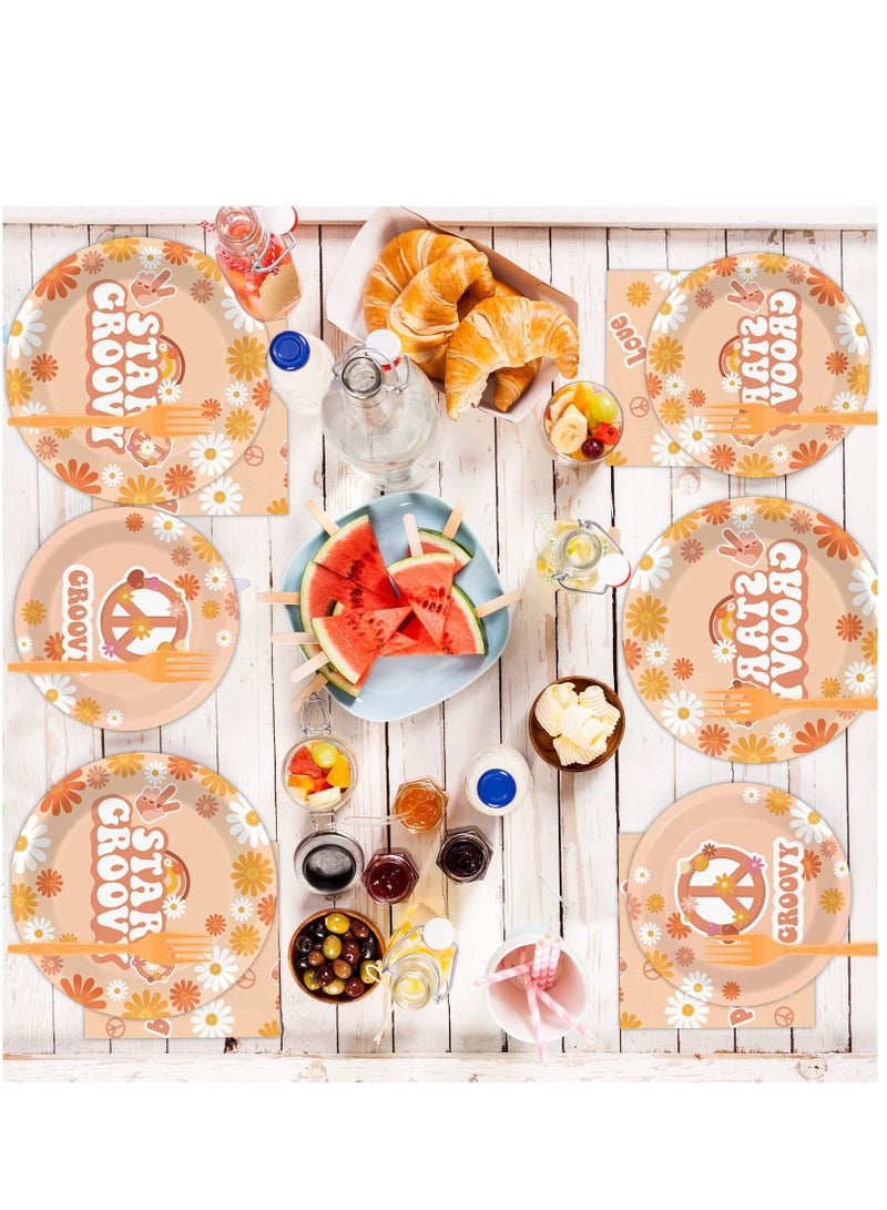 Arabest طقم أطباق عشاء هيبي من الستينيات 76 طبق حفلة أطباق قابلة للتصرف زينة حفلات أطباق عشاء عتيقة مع زهور الأقحوان أطباق عيد ميلاد قابلة للتصرف من بوهيميا مناديل شوك  مستلزمات الحفلات - Image 5