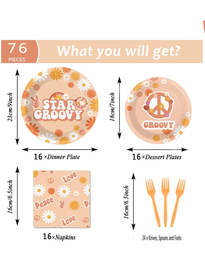 Arabest طقم أطباق عشاء هيبي من الستينيات 76 طبق حفلة أطباق قابلة للتصرف زينة حفلات أطباق عشاء عتيقة مع زهور الأقحوان أطباق عيد ميلاد قابلة للتصرف من بوهيميا مناديل شوك  مستلزمات الحفلات - Image 2