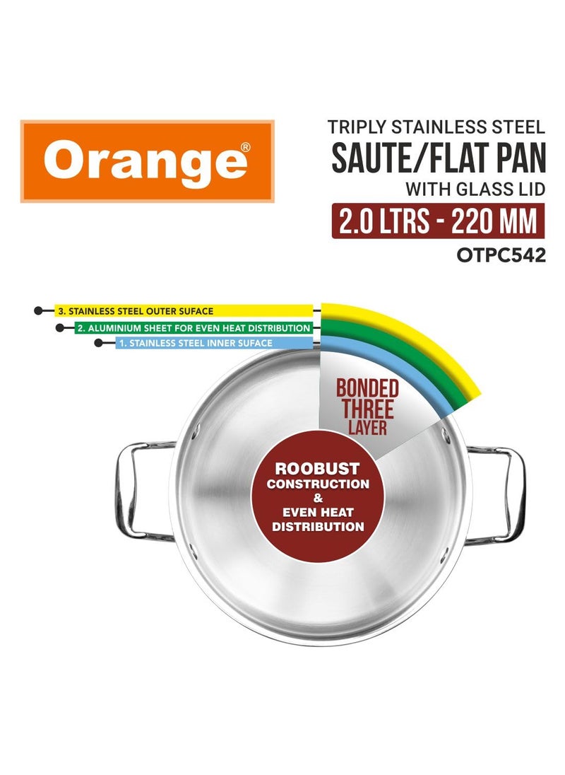 Orange Orange Stainless Steel Triply Cook & Serve Fry Pan/Saute Pan/Kadai/Flat Pan 2 litres with Glass lid and Handles| 2.5mm Thickness, 22cm Diameter | Induction cooktop Friendly | (2L, Steel)  - Image 4