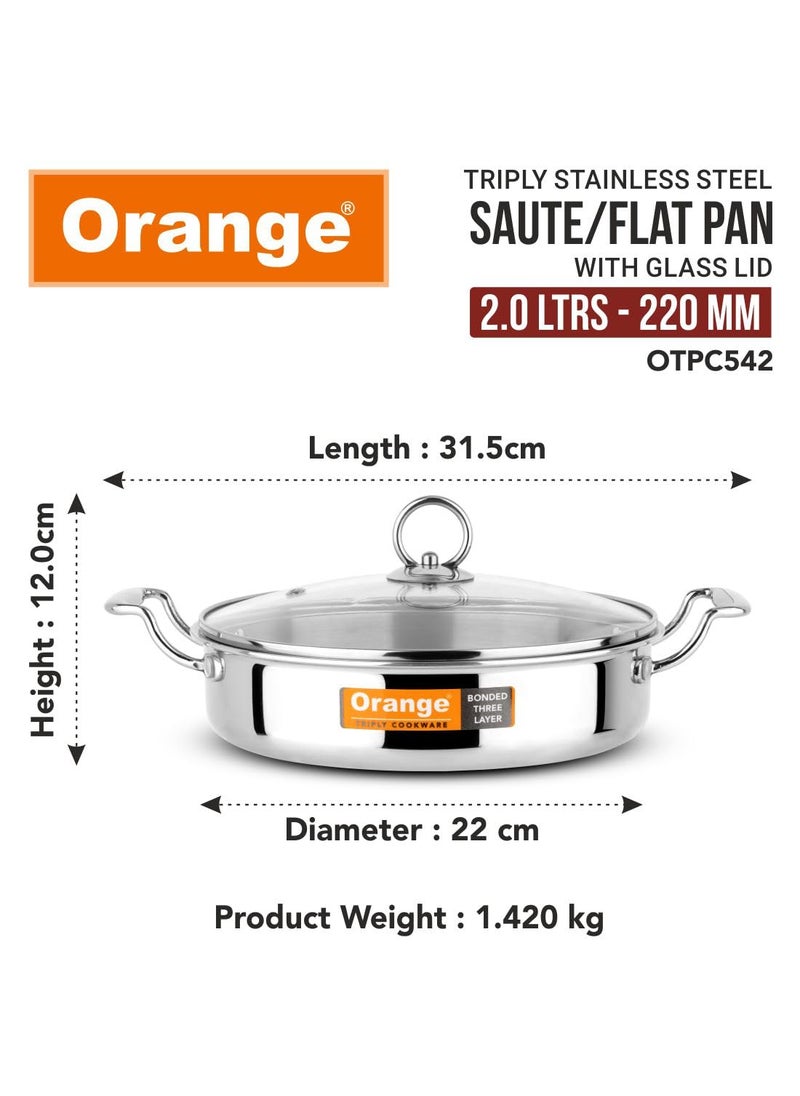 Orange Orange Stainless Steel Triply Cook & Serve Fry Pan/Saute Pan/Kadai/Flat Pan 2 litres with Glass lid and Handles| 2.5mm Thickness, 22cm Diameter | Induction cooktop Friendly | (2L, Steel)  - Image 2