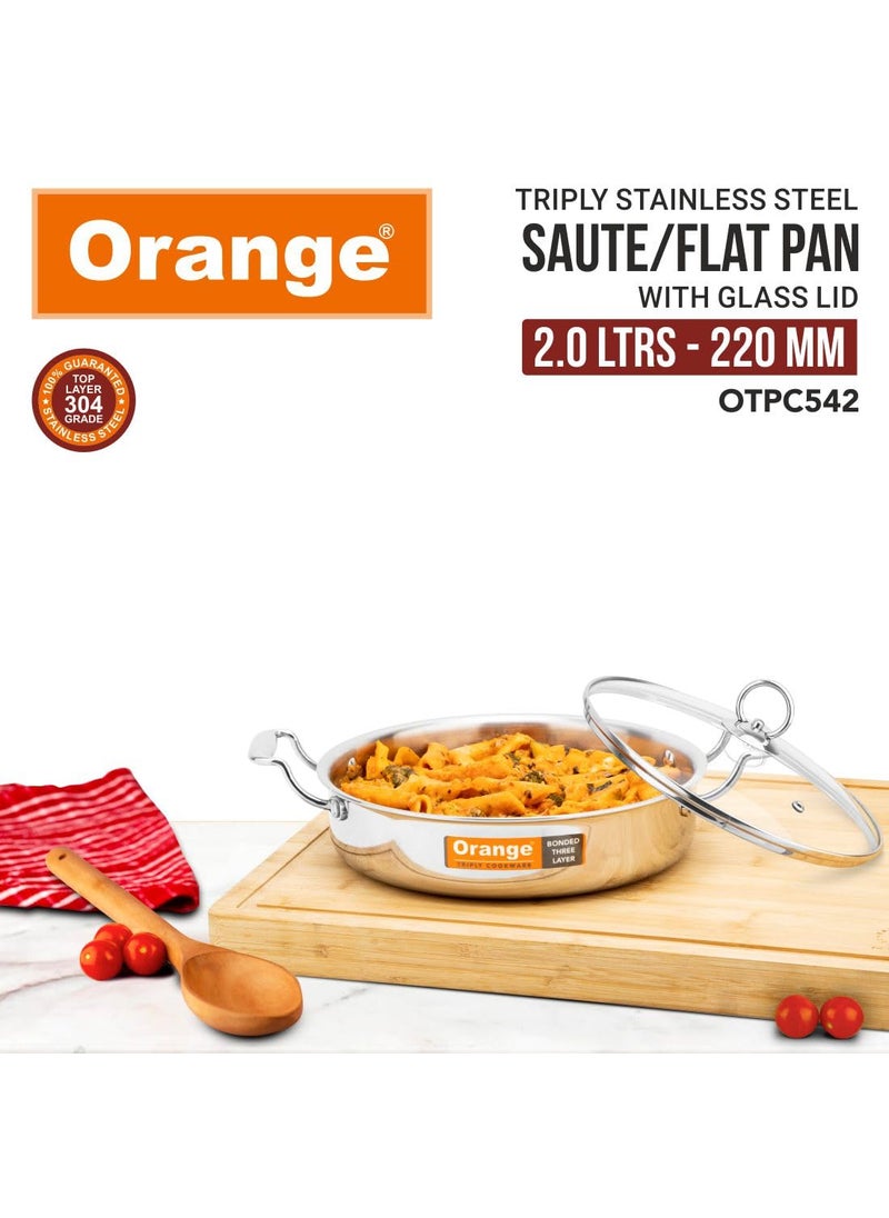 Orange Orange Stainless Steel Triply Cook & Serve Fry Pan/Saute Pan/Kadai/Flat Pan 2 litres with Glass lid and Handles| 2.5mm Thickness, 22cm Diameter | Induction cooktop Friendly | (2L, Steel)  - Image 3