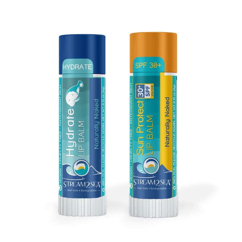 مجموعة بلسم الشفاه الطبيعي غير المعطر من ستريم 2 سي، حماية من الشمس SPF 30، بلسم شفاه مرطب + بلسم شفاه واقي من الشمس للأنشطة الخارجية، خالي من البارابين، عناية طبيعية بالشفاه