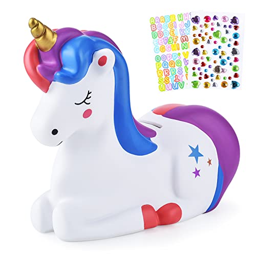 PJDRLLC Piggy Bank Girls: Unicorn Piggy Banks - Unbreakable Plastic Coin Money Bank with Alphabet Stickers - Purple - Image 1