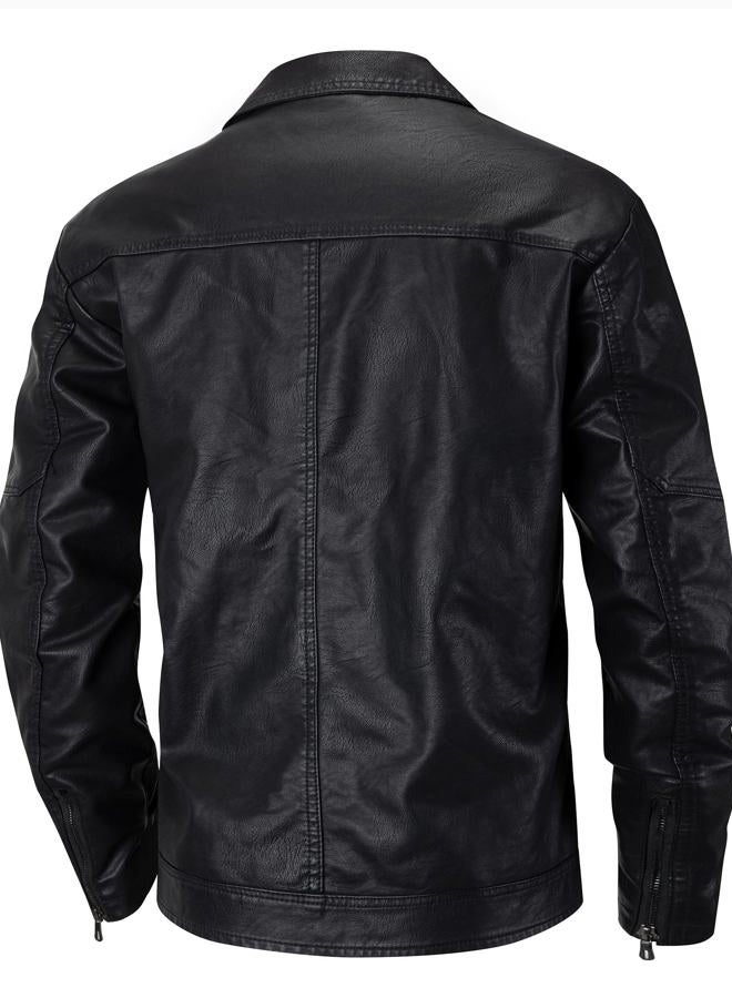 Zbrandy Mens Leather Jacket Faux Leather Motorcycle Jackets Turn Down Collar Biker Coat Outwear, Black, M - Image 2