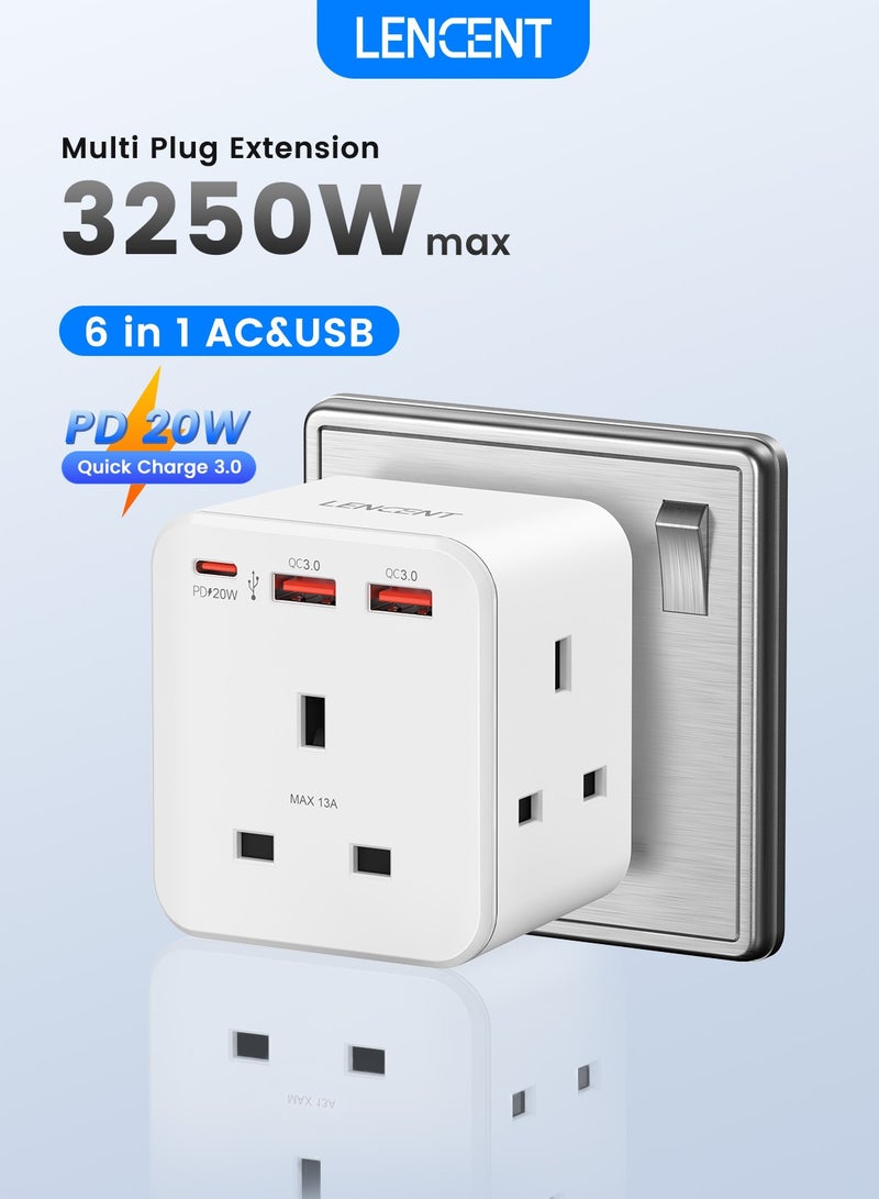 Multi Plug Extension with 2 USB,3 Way 3 Plugs Socket adapter,5-in-1 Cube Electrical Extender Outlet Adaptor,USB Wall Charger,3 Pin Plug Expander for Home,Office,Kitchen,13A 3250W - Image 1