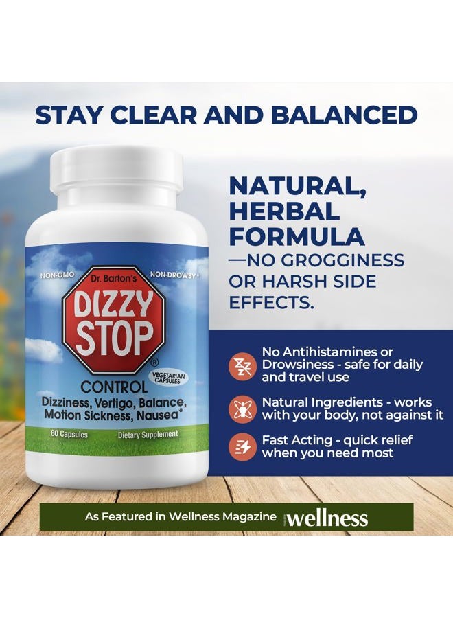 Dizzy Stop منتج تخفيف الدوار، توازن الأذن الداخلية، دوار الحركة، دوار السيارة، دوار البحر، مكمل عشبي طبيعي مصمم من قبل طبيب، غير مسبب للنعاس (80 كبسولة) - Image 2