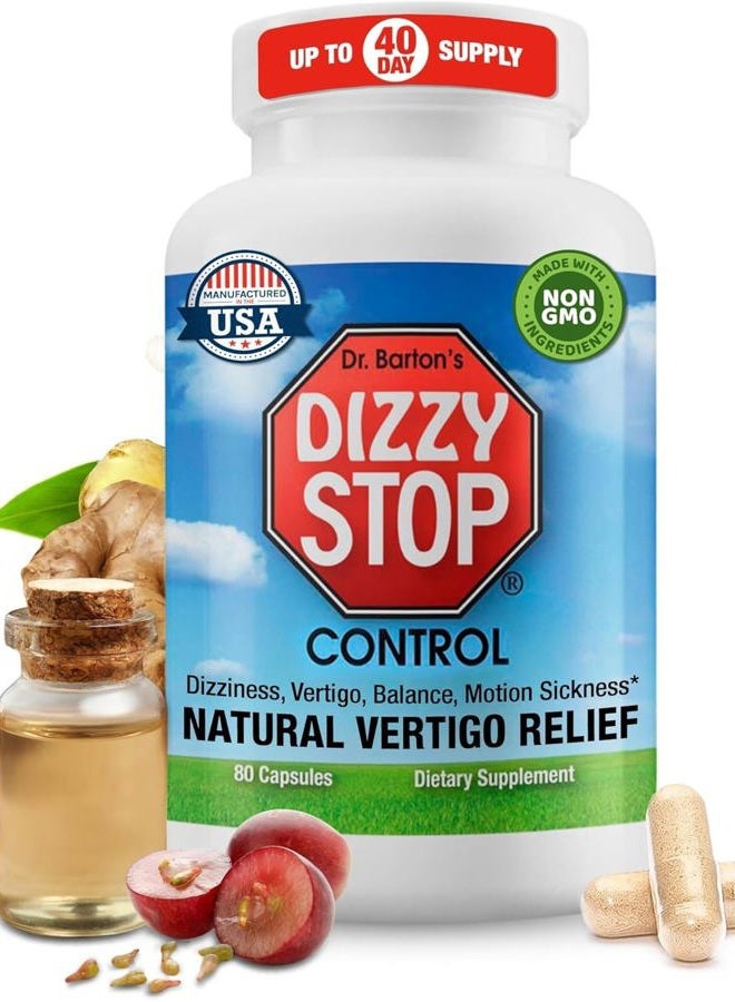 Dizzy Stop منتج تخفيف الدوار، توازن الأذن الداخلية، دوار الحركة، دوار السيارة، دوار البحر، مكمل عشبي طبيعي مصمم من قبل طبيب، غير مسبب للنعاس (80 كبسولة) - Image 1