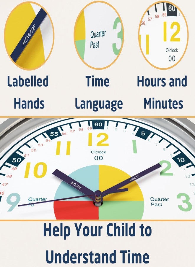 OWLCONIC Telling Time Teaching Clock. Kids Room, Playroom DÃƒ©cor Analog Silent Wall Clock. Great Visual Learning Clock Time Resource. Perfect Educational Tool for Homeschool, Classroom, Teachers and Parents. - Image 2