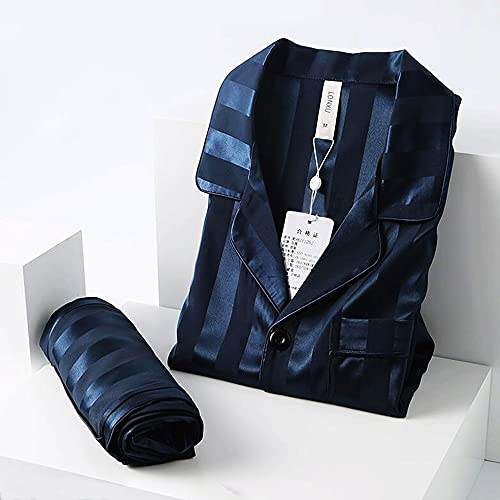 Lonxu Mens Silk Satin Pajamas Set Sleepwear Loungewear Navy Blue 4XL - Image 2