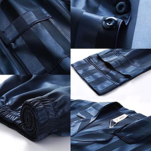 Lonxu Mens Silk Satin Pajamas Set Sleepwear Loungewear Navy Blue 4XL - Image 4