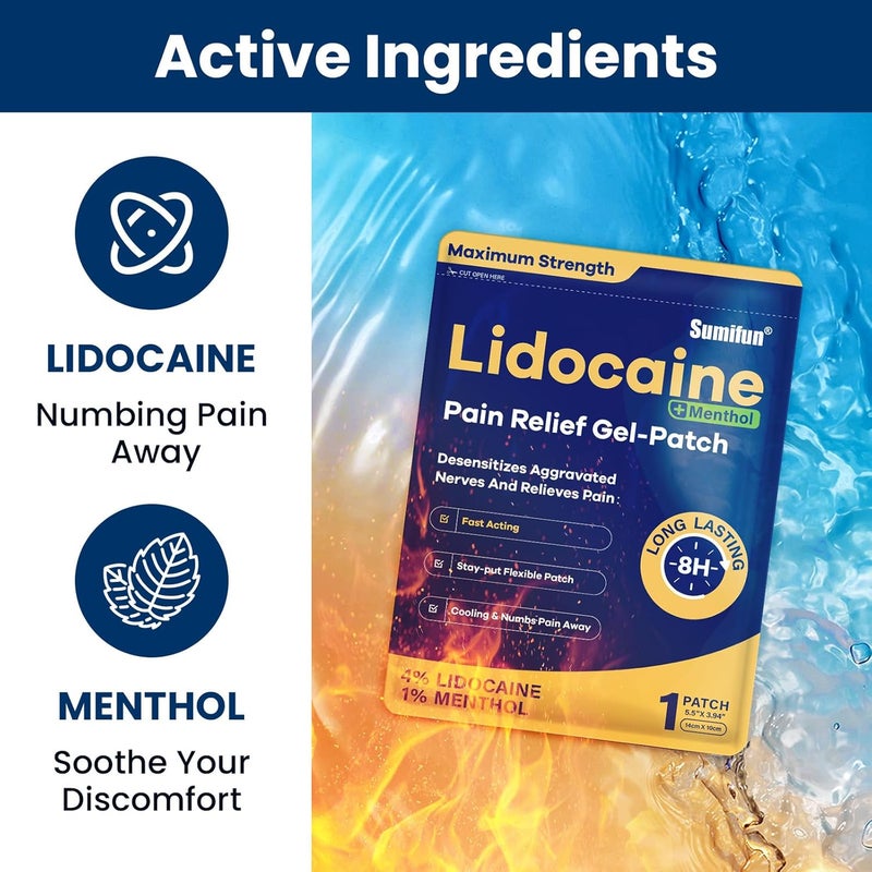 Sumifun 4 ليدوكائين لاصقات بالإضافة إلى 1 منتول 30 عدداً أقصى قوة لاصقات تخفيف الألم بدون وصفة طبية لآلام الظهر والرقبة المتصلبة وآلام المفاصل وآلام العضلات مسكن موضعي - Image 2