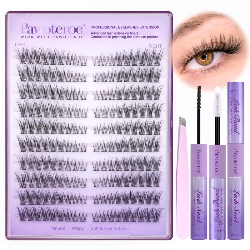 Pawotence Wispy Lash Clusters Kit Cat Eye Lash Extension Kit 180pcs Natural Individual Lashes Left Right Cluster Eyelash Extensions Kit with Lash Bond and Seal, Lash Tweezers for Self Application - Image 1