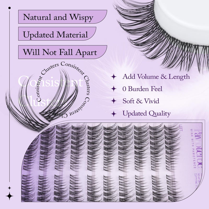 Pawotence Wispy Lash Clusters Kit Cat Eye Lash Extension Kit 180pcs Natural Individual Lashes Left Right Cluster Eyelash Extensions Kit with Lash Bond and Seal, Lash Tweezers for Self Application - Image 3