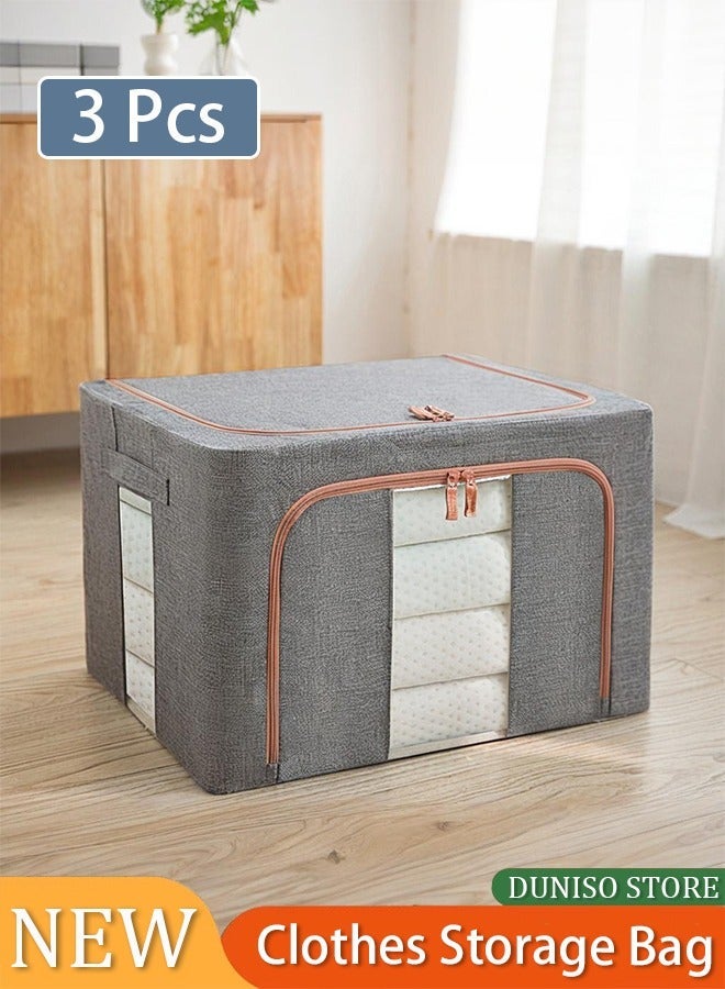 DUNISO 3 Pack Clothes Storage Bag Foldable Closet Organizers Storage Containers, Large Storage Bins for Comforters, Blankets, Bedding,Toys, Books, Foldable with Sturdy Zipper, Clear Window(Grey) - Image 1