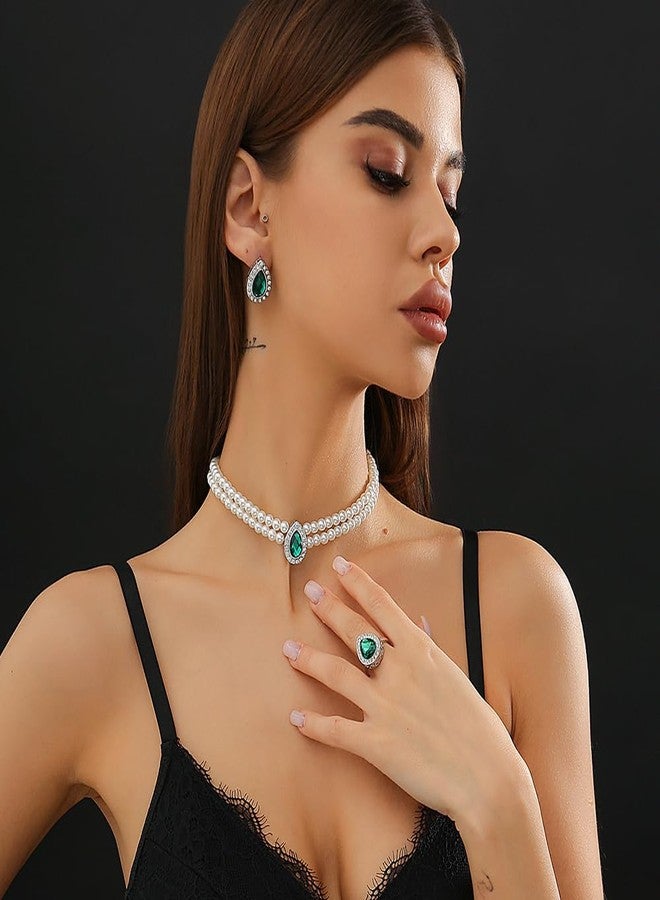 Beryuan Elegant Pearl Strand Necklace, Earrings & Rings Set - Green Crystal Rhinestone Pearl Choker Collar for Women - Image 2
