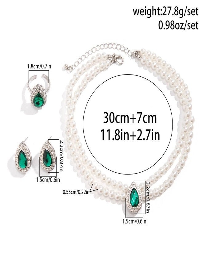 Beryuan Elegant Pearl Strand Necklace, Earrings & Rings Set - Green Crystal Rhinestone Pearl Choker Collar for Women - Image 5