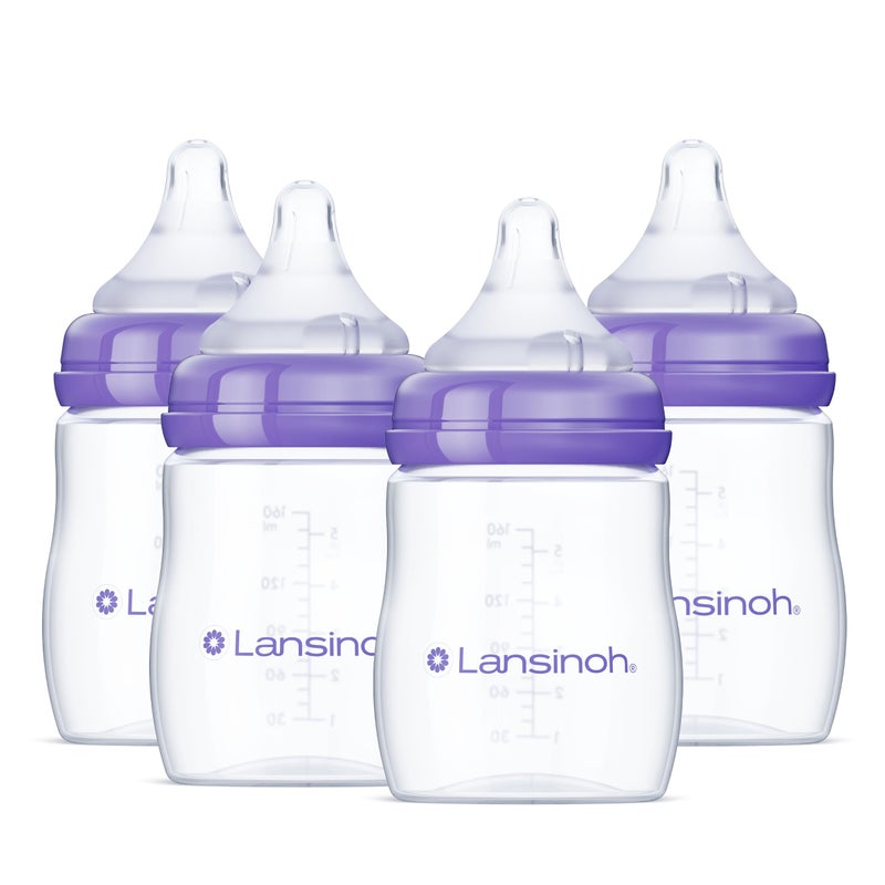 Lansinoh Anti-Colic Baby Bottles, BPA-Free Plastic, 5 Ounces, 4 Count, Slow Flow Nipples (Size S), Breastfeeding Bottle with NaturalWave Design - Image 1