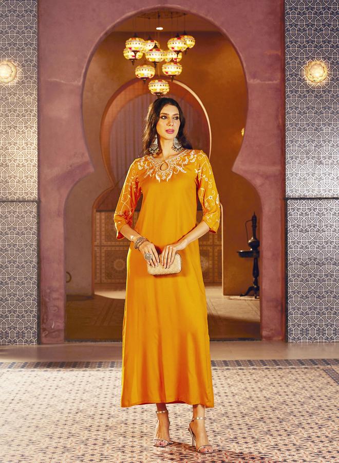 SASSAFRAS Mustard Embroidered Neck Rayon Abaya Dress - Image 2
