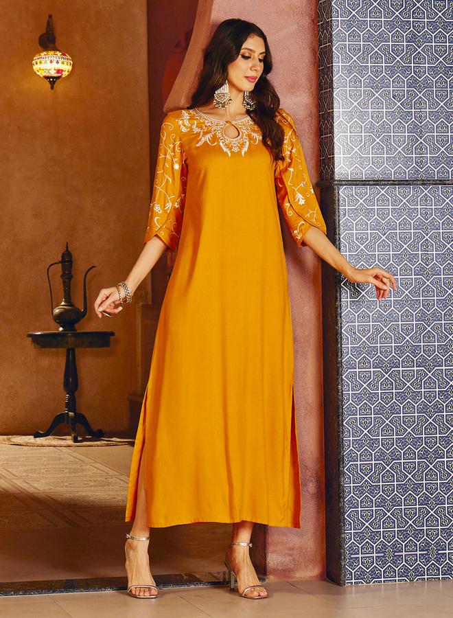 SASSAFRAS Mustard Embroidered Neck Rayon Abaya Dress - Image 1