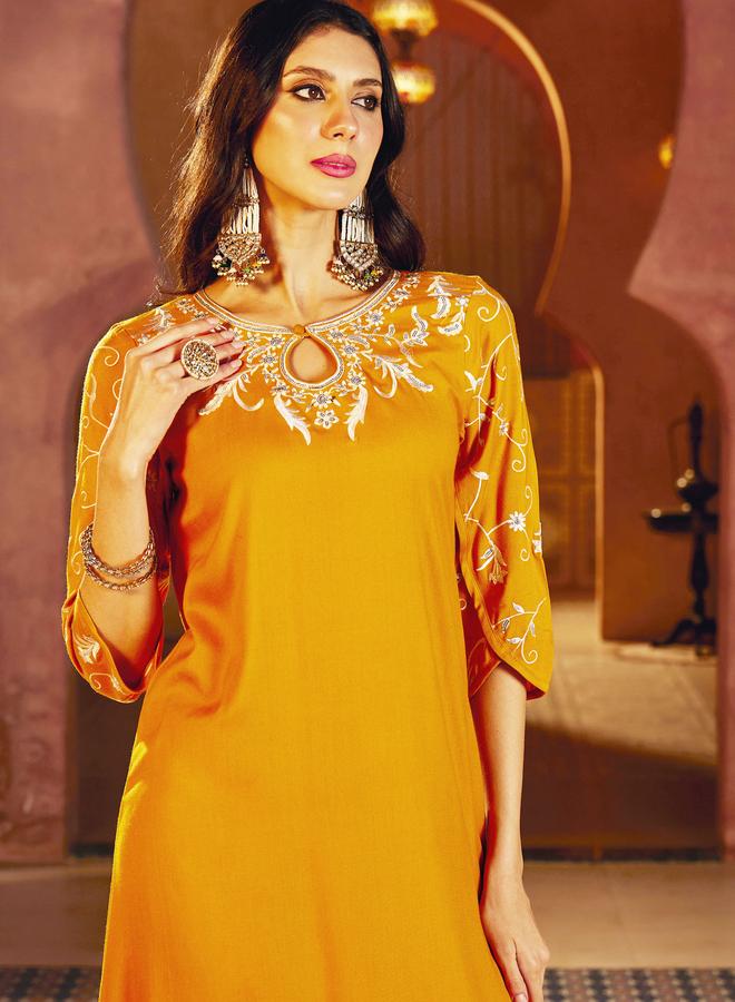 SASSAFRAS Mustard Embroidered Neck Rayon Abaya Dress - Image 4